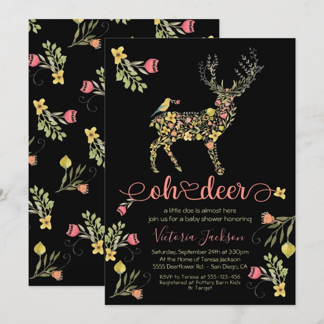 Woodland Floral Oh Deer Baby Shower Invitation (Front/Back)