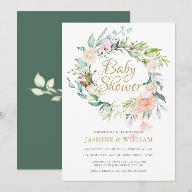 Woodland Floral Roses Couples Baby Shower/Sprinkle Invitation (Front/Back)