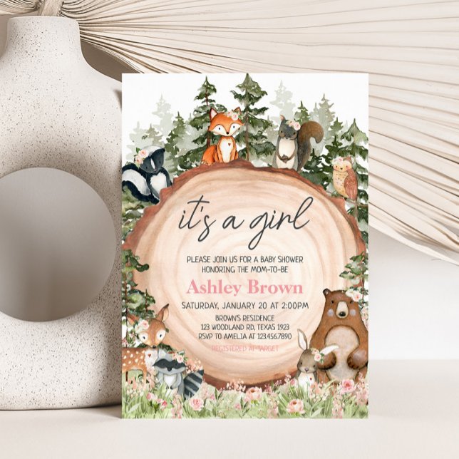 Woodland Floral Wood Slice Baby Shower Invitation (Floral Woodland Animals Baby Shower Invitation)