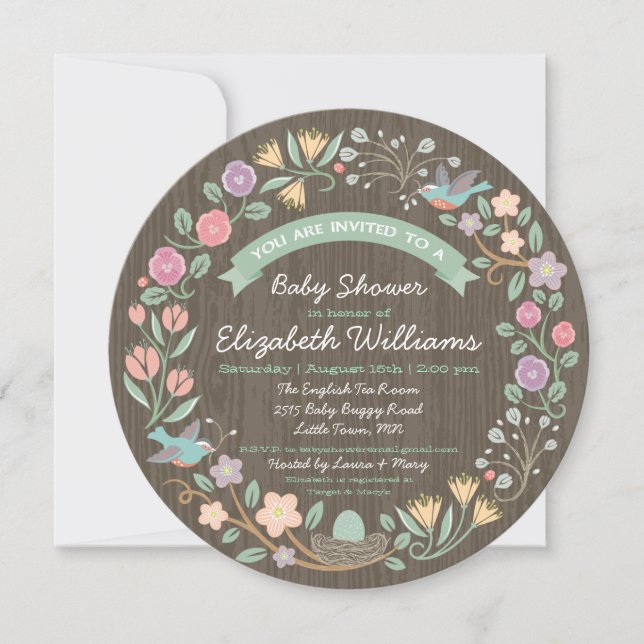 Woodland Floral Wreath Baby Shower Invitation II (Front)