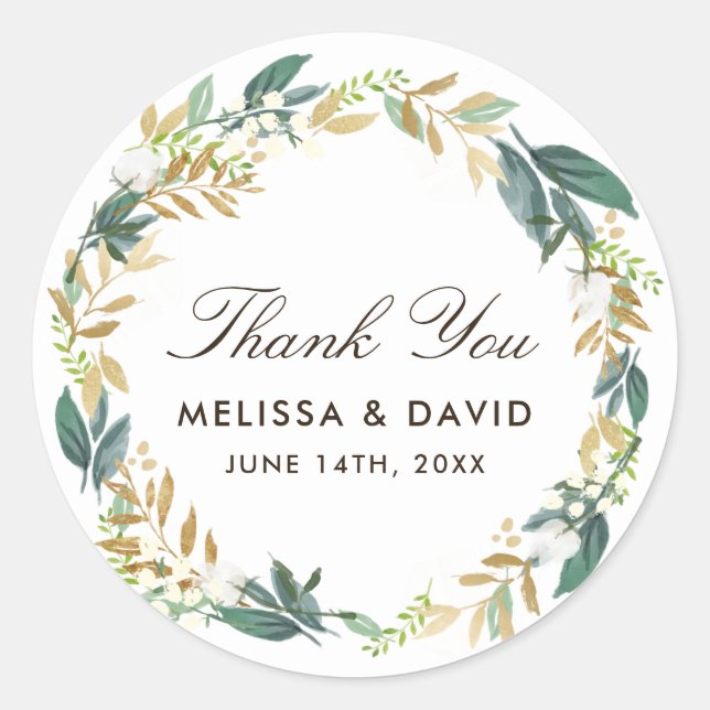 Woodland Floral Wreath Thank You Stickers (Front)