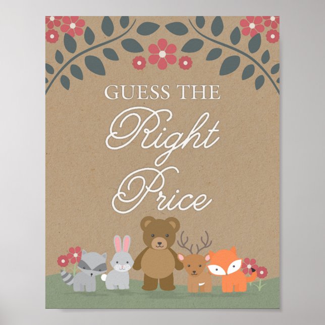 Woodland Florals Baby Shower Guess Price Game Sign (Front)