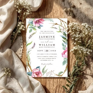 Woodland Flower Wreath Rustic QR Code Wedding Invitation