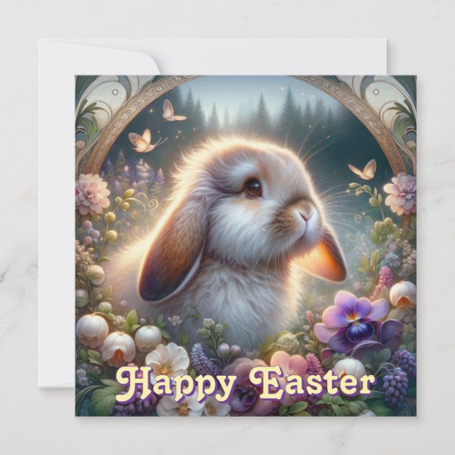 Woodland Flowers Art Nouveau Lop Eared Bunny Holiday Card (Front)