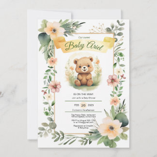 Woodland flowers cute bear baby shower invitation