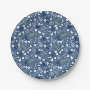 Woodland flowers fern birds blue green paper plate