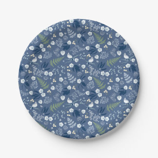 Woodland flowers fern birds blue green  paper plate