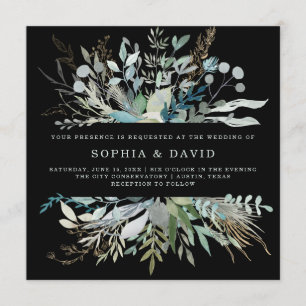 Woodland Foliage Wedding   Black Invitation