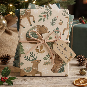 Woodland Folk Reindeer Doves and Pine Nordic Wrapping Paper Sheet