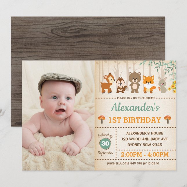 Woodland Forest 1st Birthday Baby Animals Party Invitation (Front/Back)