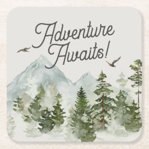 woodland forest adventure awaits square paper coaster