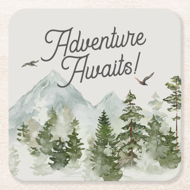  woodland forest adventure awaits square paper coaster (Front)