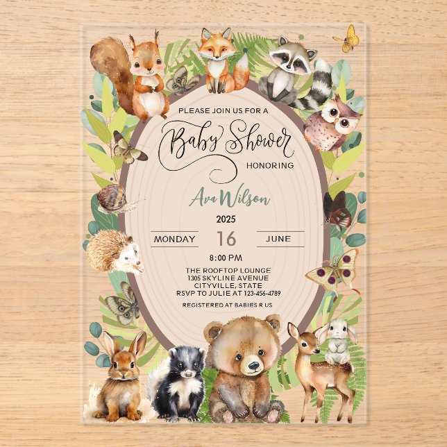 Woodland Forest Animal Baby Shower Rustic Greenery Acrylic Invitations (Front)