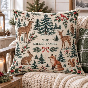 Woodland Forest Animal Custom Family Name Cushion