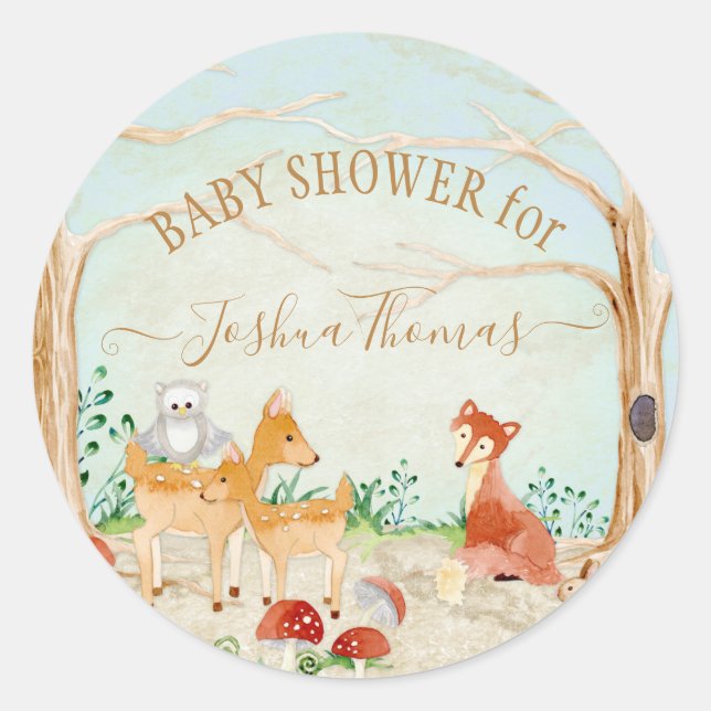 Woodland Forest Animal Deer Fox Rabbit Owl Foliage Classic Round Sticker (Front)