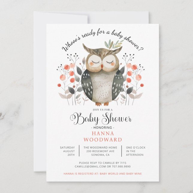 Woodland Forest Animal Owl Baby Shower Invitation (Front)