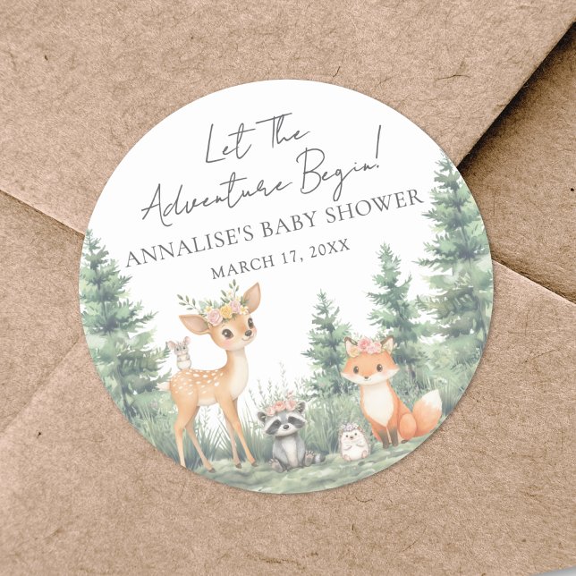 Woodland Forest Animals Adventure Baby Shower Classic Round Sticker (Woodland Forest Animals Adventure Baby Shower Classic Round Sticker)