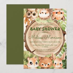 Woodland Forest Animals and Wood Baby Boy Shower Invitation