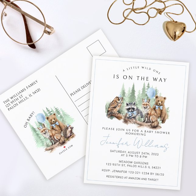 Woodland forest animals baby boy shower postcard (Creator Uploaded)