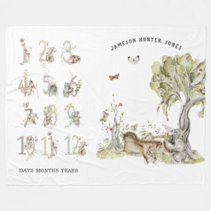 Woodland Forest Animals   Baby Milestone  Fleece Blanket