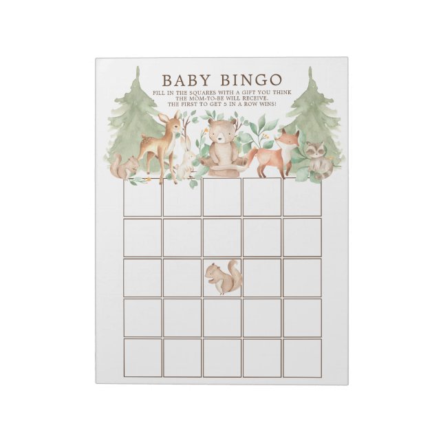 Woodland Forest Animals Baby Shower Bingo Game Notepad (Rotated)