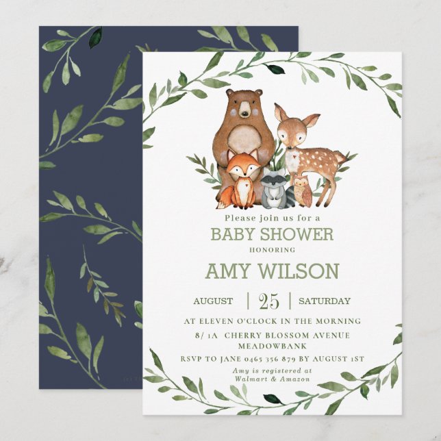 Woodland Forest Animals Baby Shower Greenery Invitation (Front/Back)