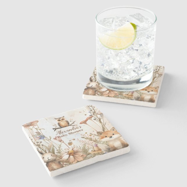 Woodland Forest Animals Baby Shower Stone Coaster (Side)