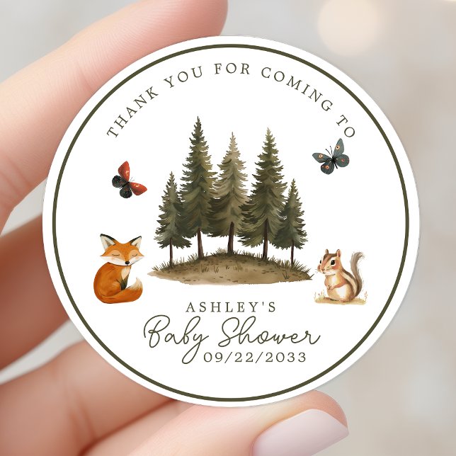 Woodland Forest Animals Baby Shower Thank You Classic Round Sticker (Creator Uploaded)
