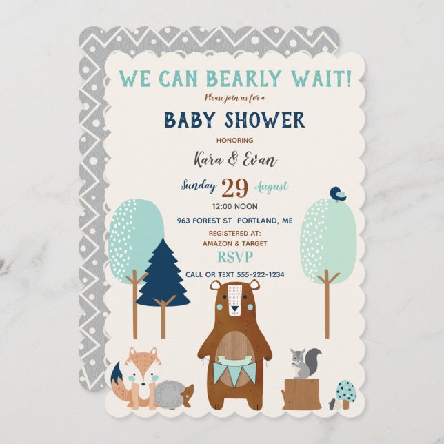 Woodland Forest Animals Bear Rustic Blue Brown Invitation (Front/Back)