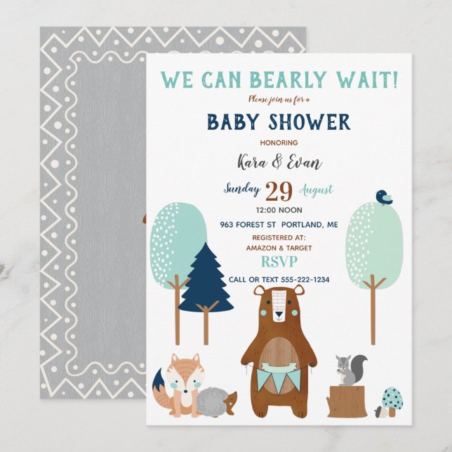 Woodland Forest Animals Bear Rustic Blue Brown Invitation (Front/Back)