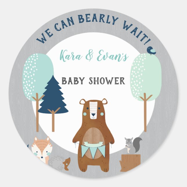 Woodland Forest Animals Bear Rustic Blue Grey Classic Round Sticker (Front)