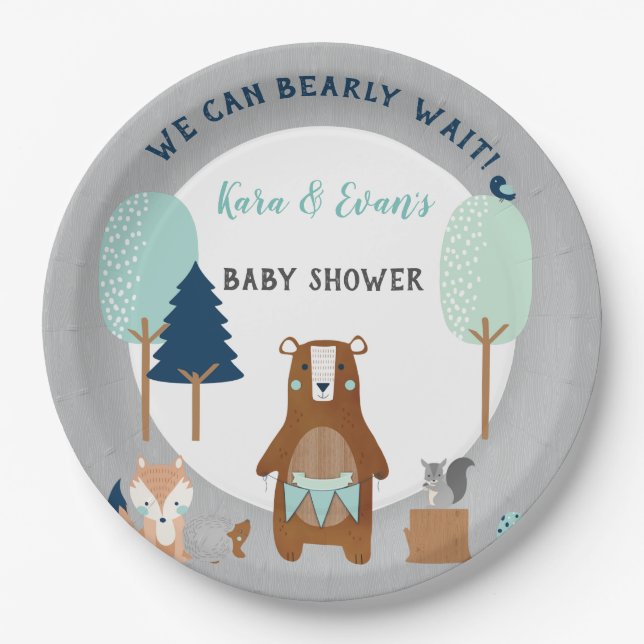 Woodland Forest Animals Bear Rustic Blue Grey Paper Plate (Front)