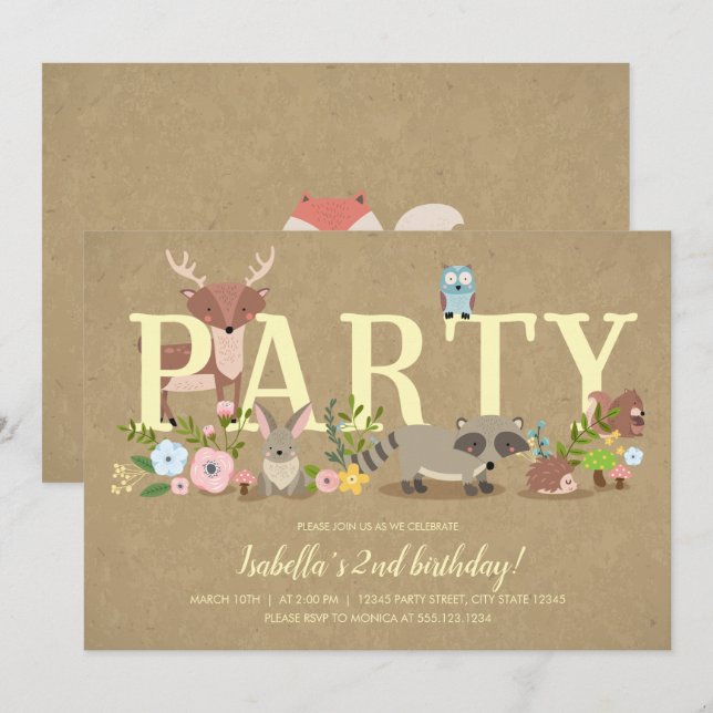 Woodland Forest Animals Birthday Party Invitation (Front/Back)