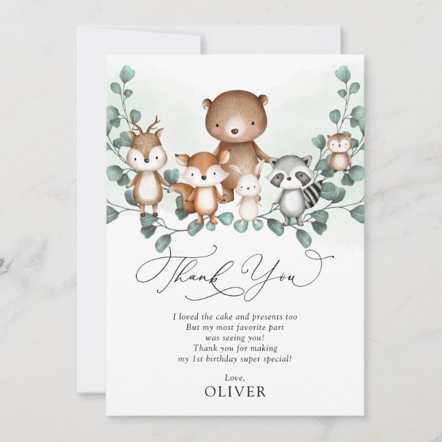 Woodland Forest Animals Birthday Thank You Card (Front)