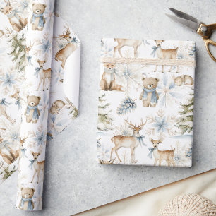 Woodland Forest Animals Blue Christmas  Wrapping Paper