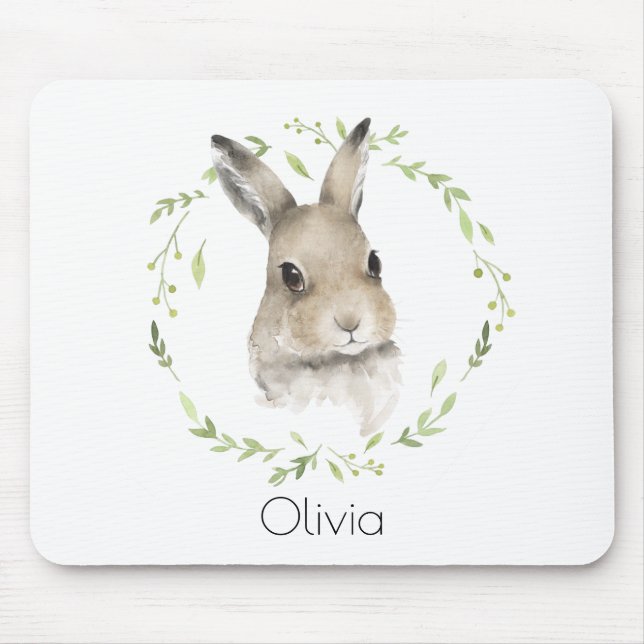 Woodland Forest Animals Bunny Name Watercolor Mouse Mat (Front)