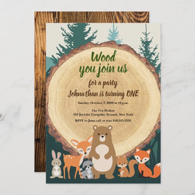 Woodland Forest Animals cut wood 1st Birthday Invitation (Front/Back)