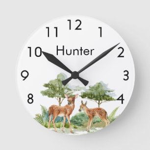 Woodland forest animals deer name nursery round clock
