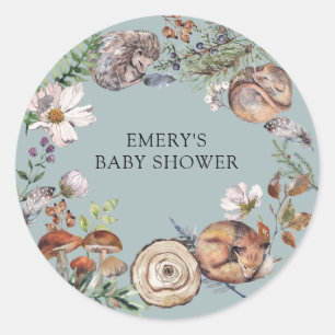 Woodland Forest Animals Dusty Blue Baby Shower Classic Round Sticker
