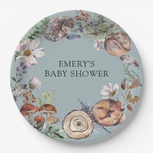 Woodland Forest Animals Dusty Blue Baby Shower Paper Plate