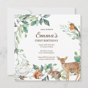 Woodland Forest Animals First Birthday Invitation