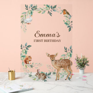 Woodland Forest Animals First Birthday Invitation Acrylic Sign