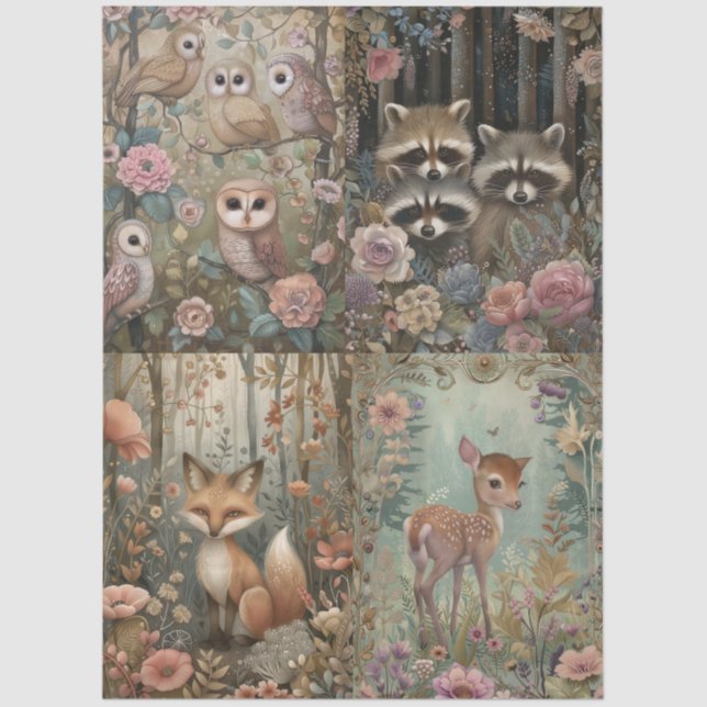 Woodland Forest Animals Floral Collage Decoupage  Tissue Paper (Front)