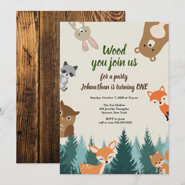 Woodland Forest Animals Greenery 1st Birthday Invitation (Front/Back)