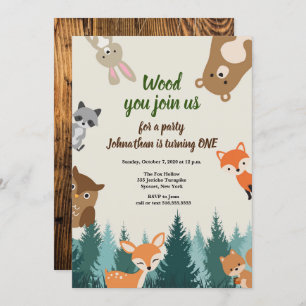Woodland Forest Animals Greenery 1st Birthday Invitation