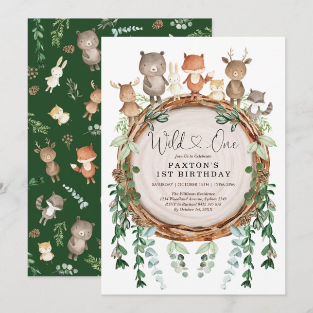 Woodland Forest Animals Greenery Wild One Birthday Invitation (Front/Back)