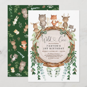 Woodland Forest Animals Greenery Wild One Birthday Invitation