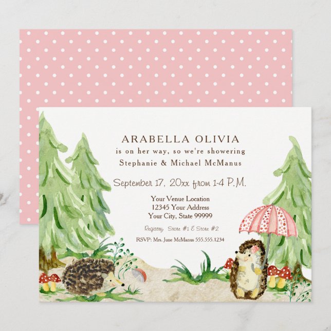 Woodland Forest Animals Hedgehogs Girl Baby Shower Invitation (Front/Back)