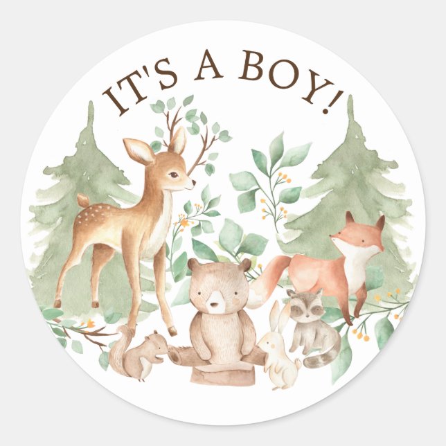 Woodland Forest Animals It' a Boy Favour Sticker (Front)