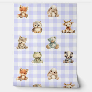 Woodland Forest Animals Lavender Plaid Baby Girl Wallpaper